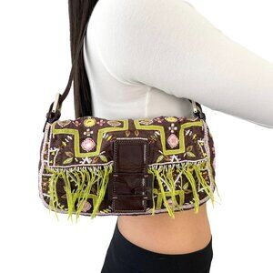 FENDI Vintage FF Logo Beads Mamma Baguette Shoulder Bag Flower Fringe [106340]